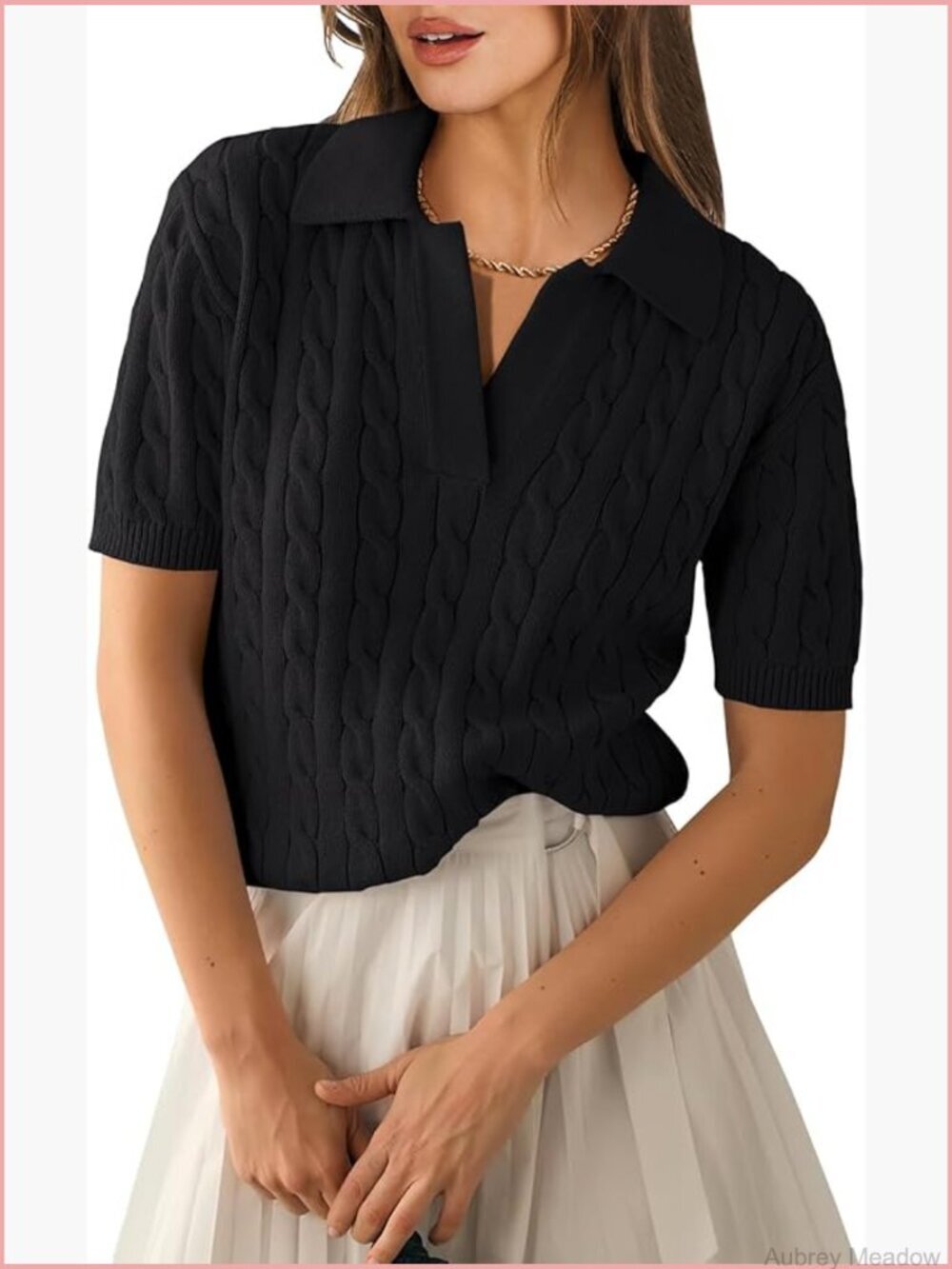 Cable Knit Short Sleeve V Neck Sweater Top Casual Pullover Summer